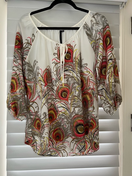 Kay Celine Tops - Women's White Peasant Blouse with Multicolor Feather Print
